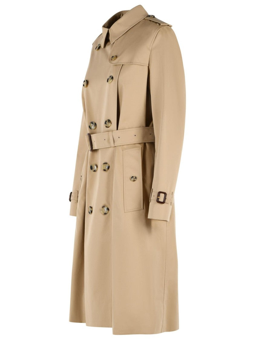 Burberry Long Beige Cotton Trench Coat With Burberry Check Lining