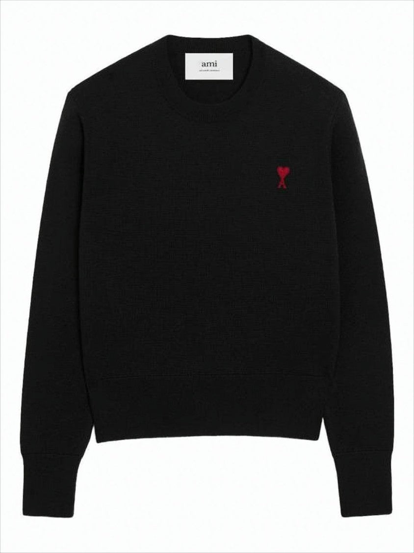 Ami Paris Black Wool Sweater With Crew Neck