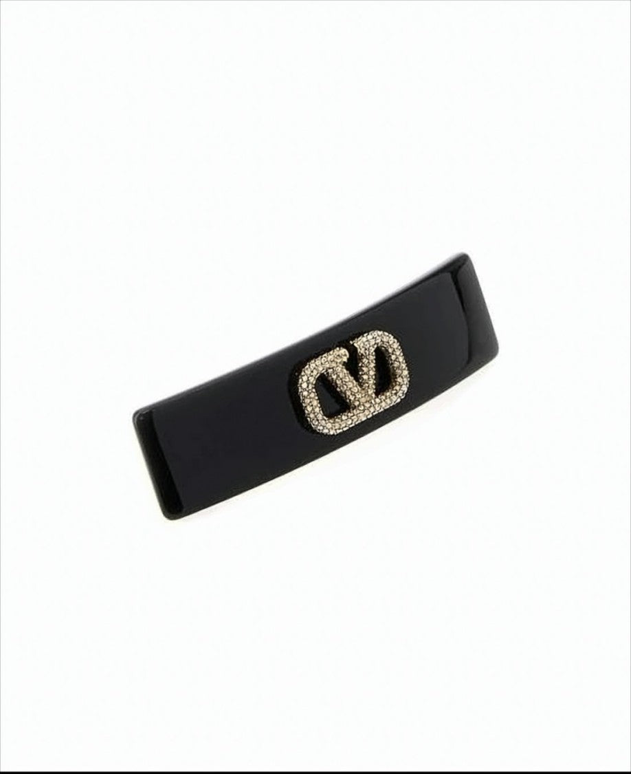 Valentino Glossy Black Resin Hair Barrette With Swarovski Crystals