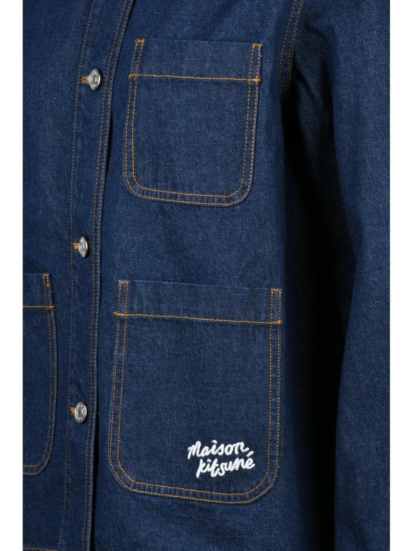 Maison Kitsuné Blue Denim Coat With Structured Design And Embroidered Logo