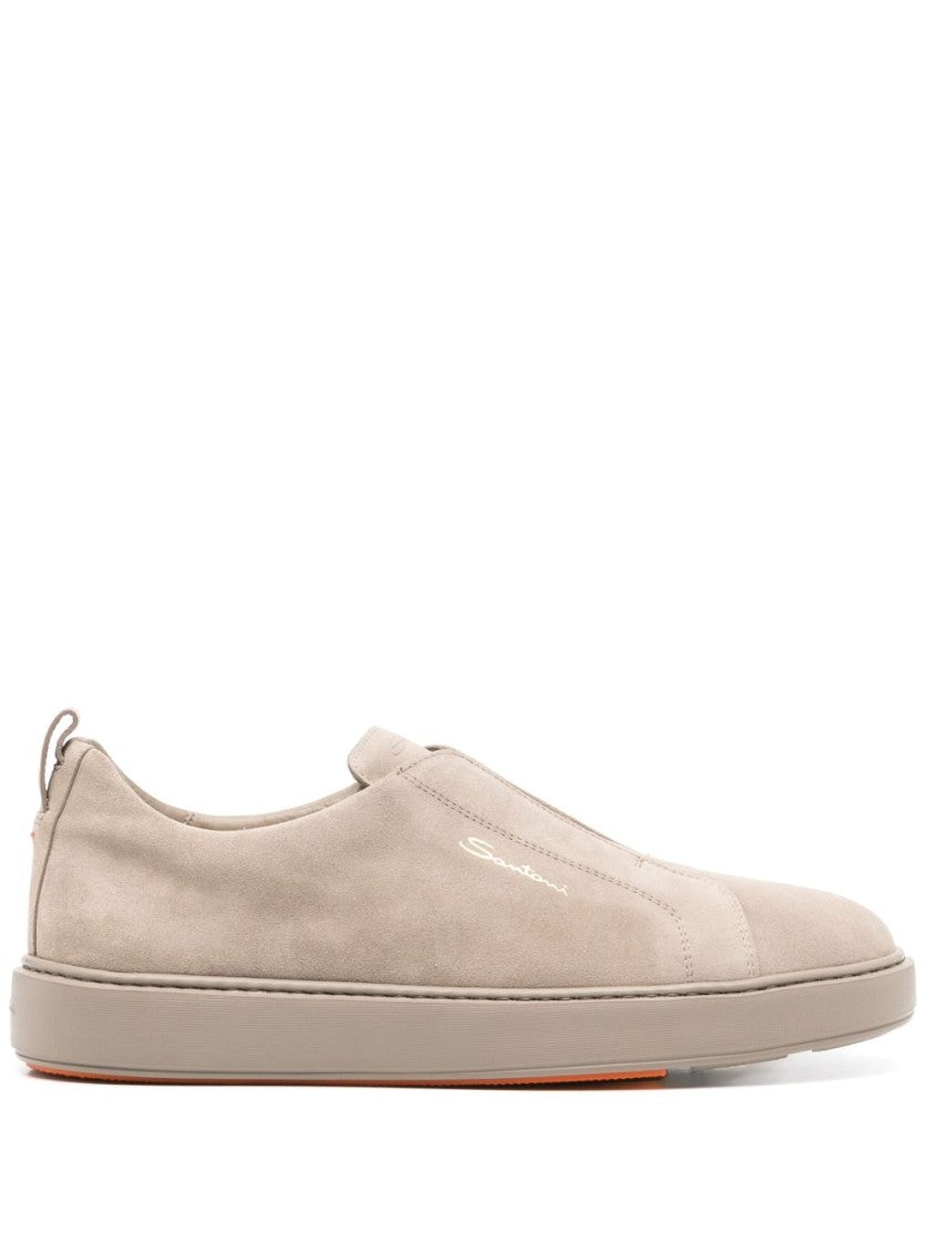 Santoni Taupe Calf Suede Slip-On Sneakers