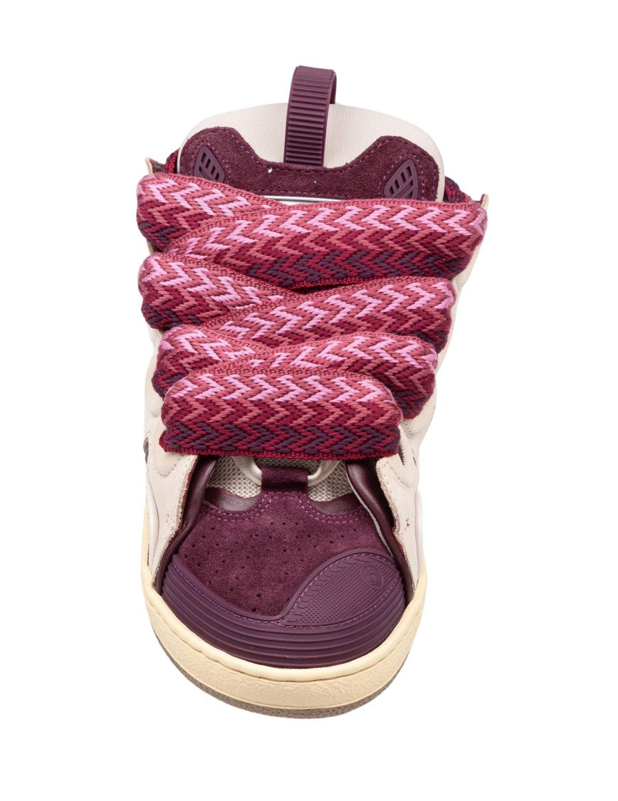 Lanvin Curb Leather And Fabric Sneakers In Beige And Burgundy
