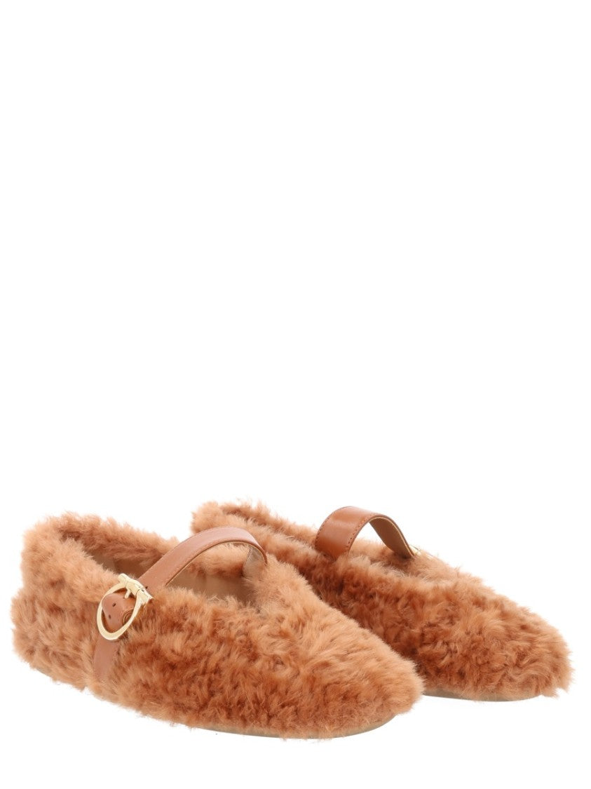 Ferragamo Brown Love Ornament Shearling Flats