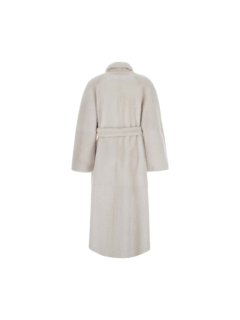 Suprema White Shearling Belted Coat
