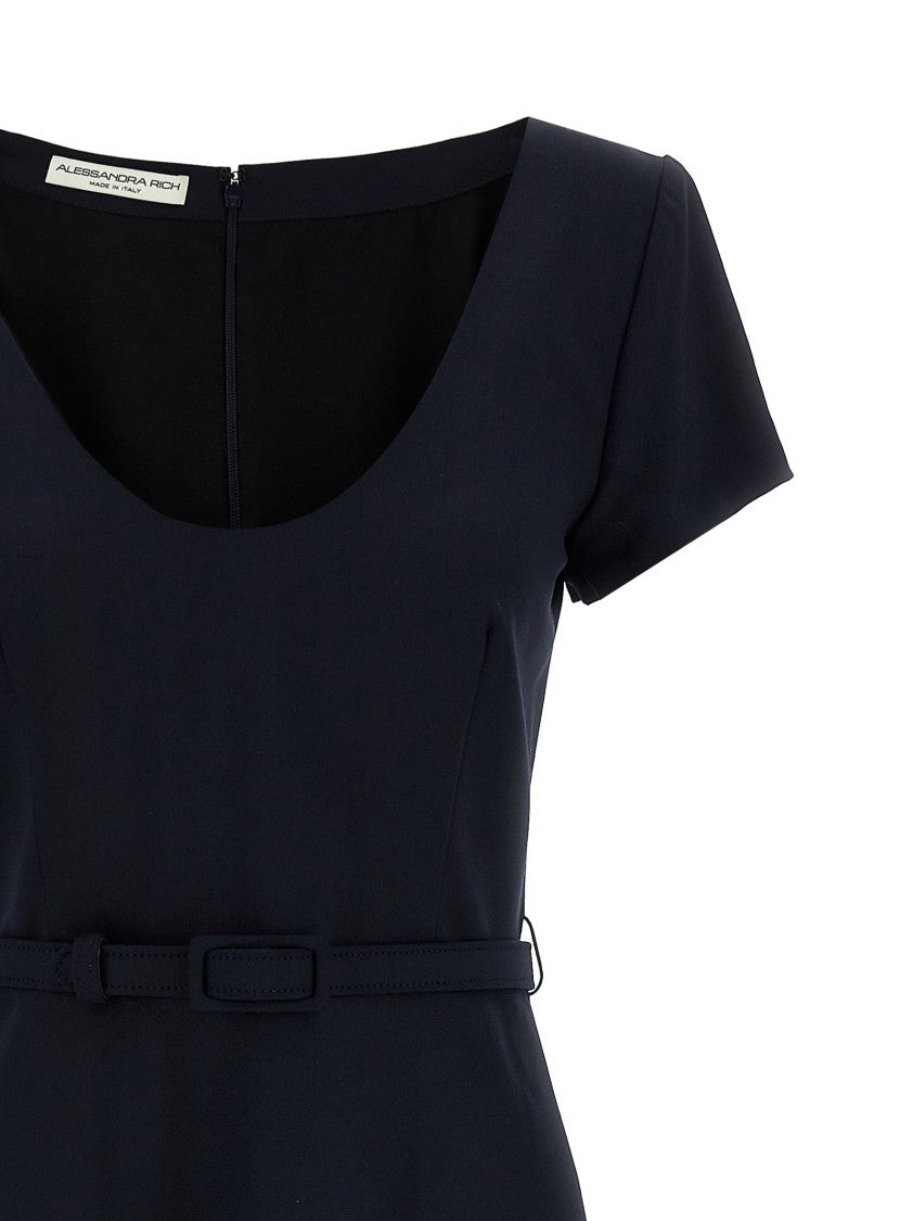 Alessandra Rich Light Wool Midi Dress With Belted Waist