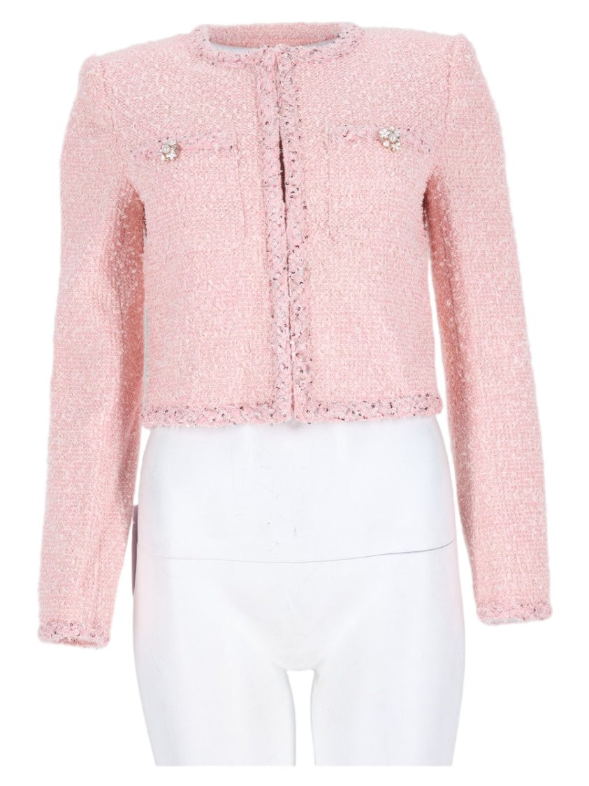 Self-Portrait Cropped Textured Boucle Jacket With Decorative Button Accents