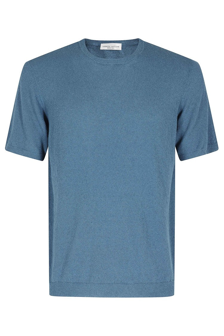 Roberto Collina Denim Light Sponge Short Sleeve Ribbed Trim Cotton-Blend Knit T-Shirt