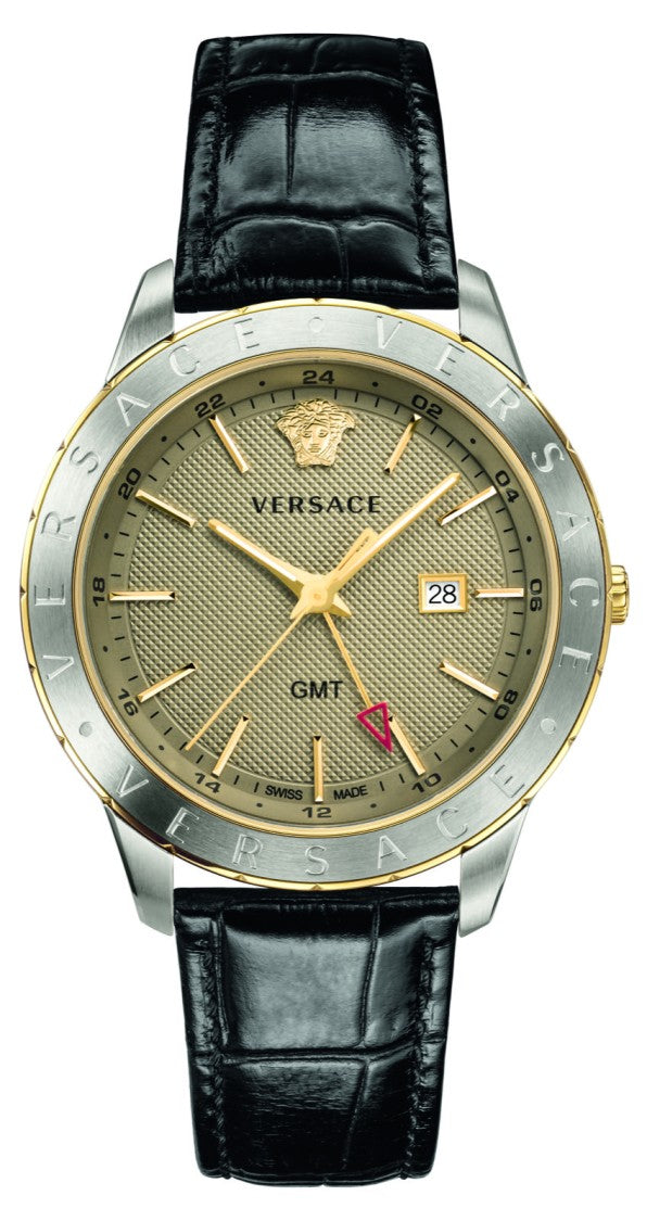 Versace Univers Gmt 43Mm Steel Timepiece With Textured Gold Dial