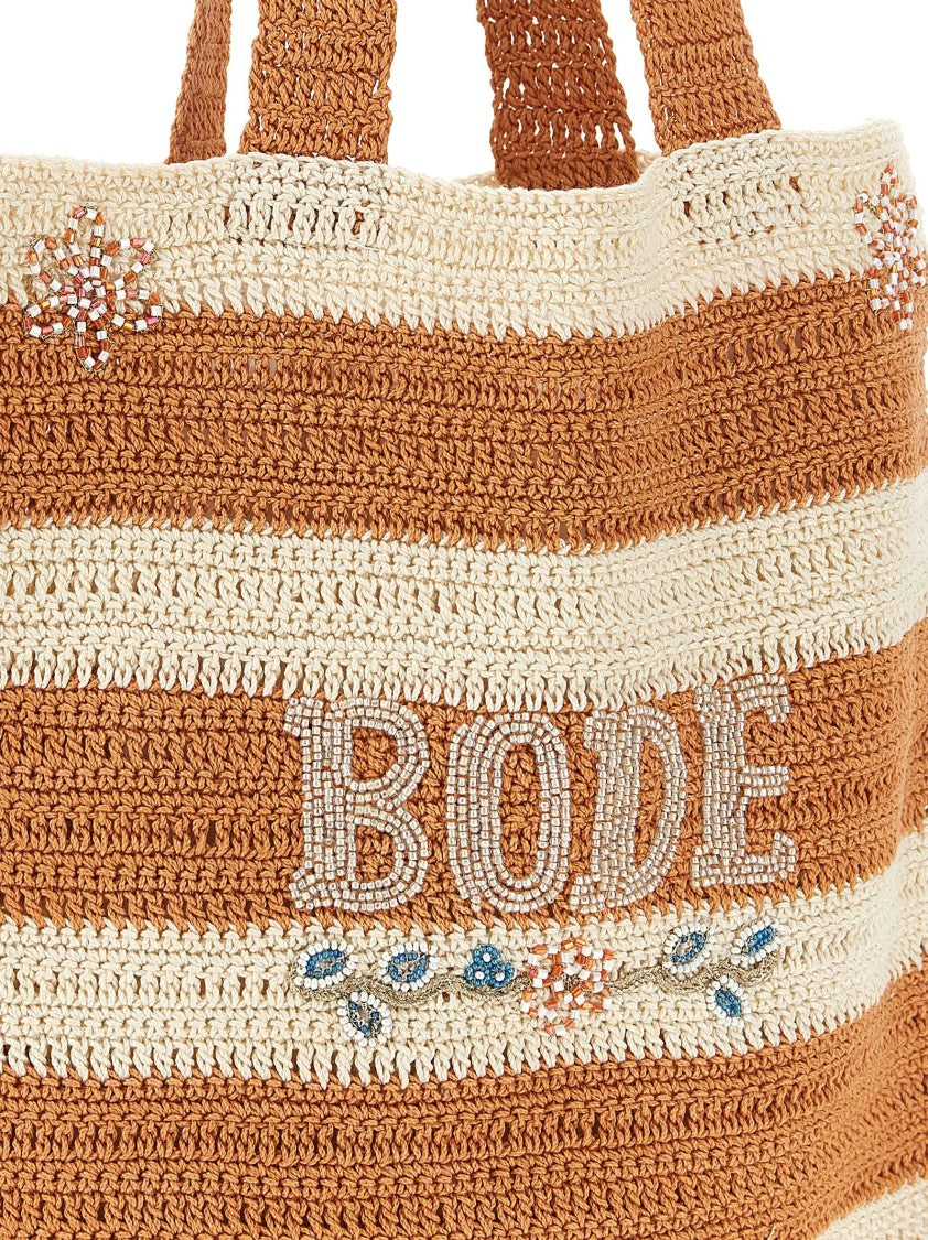Bode Handmade Crochet Shopping Bag With Floral Embroidery And Tassels