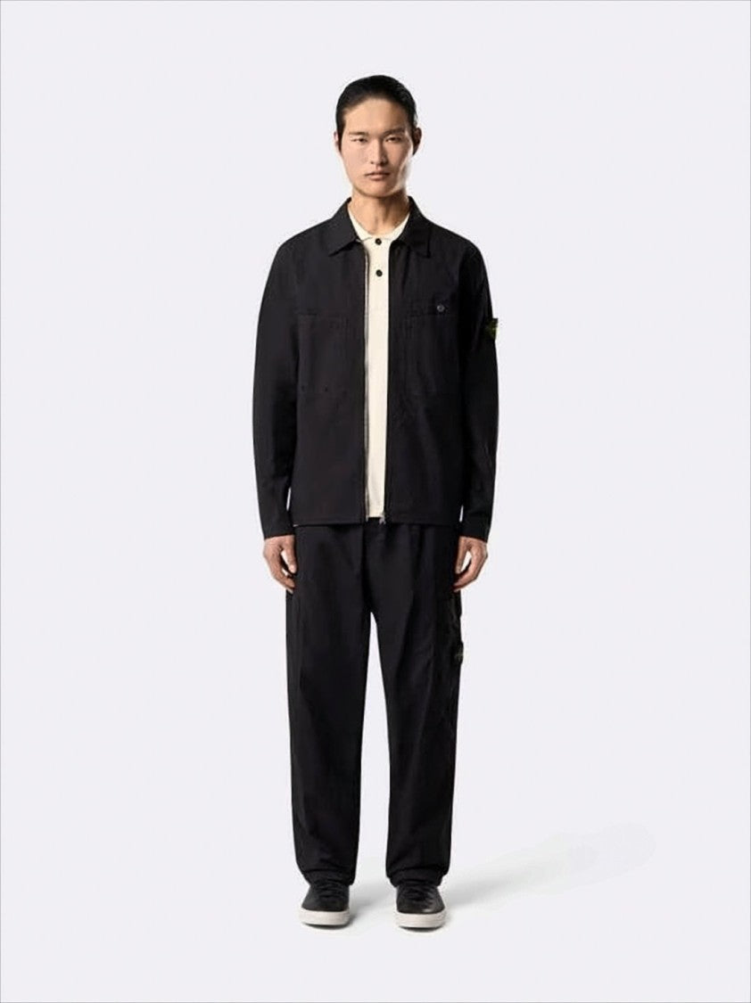 Stone Island Black Jacket With Classic Collar And Distinctive Patch