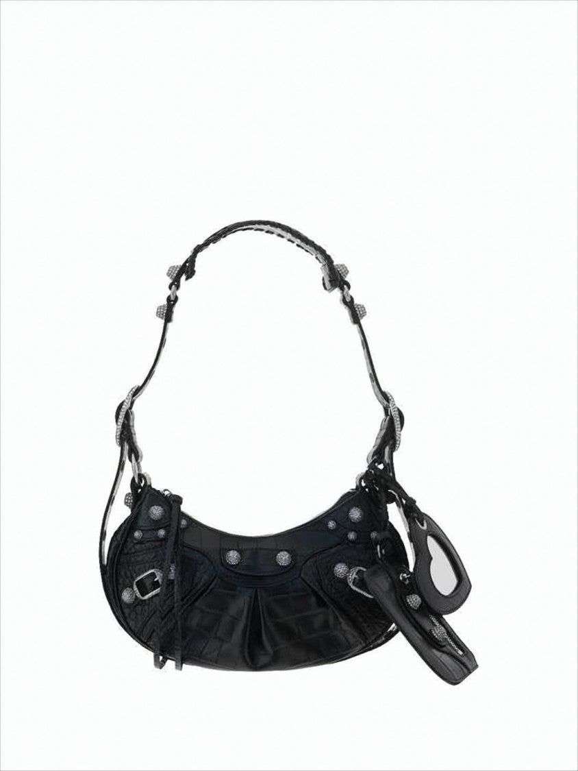 Balenciaga Textured Calf Leather Shoulder Bag With Crocodile Pattern And Silver Studs
