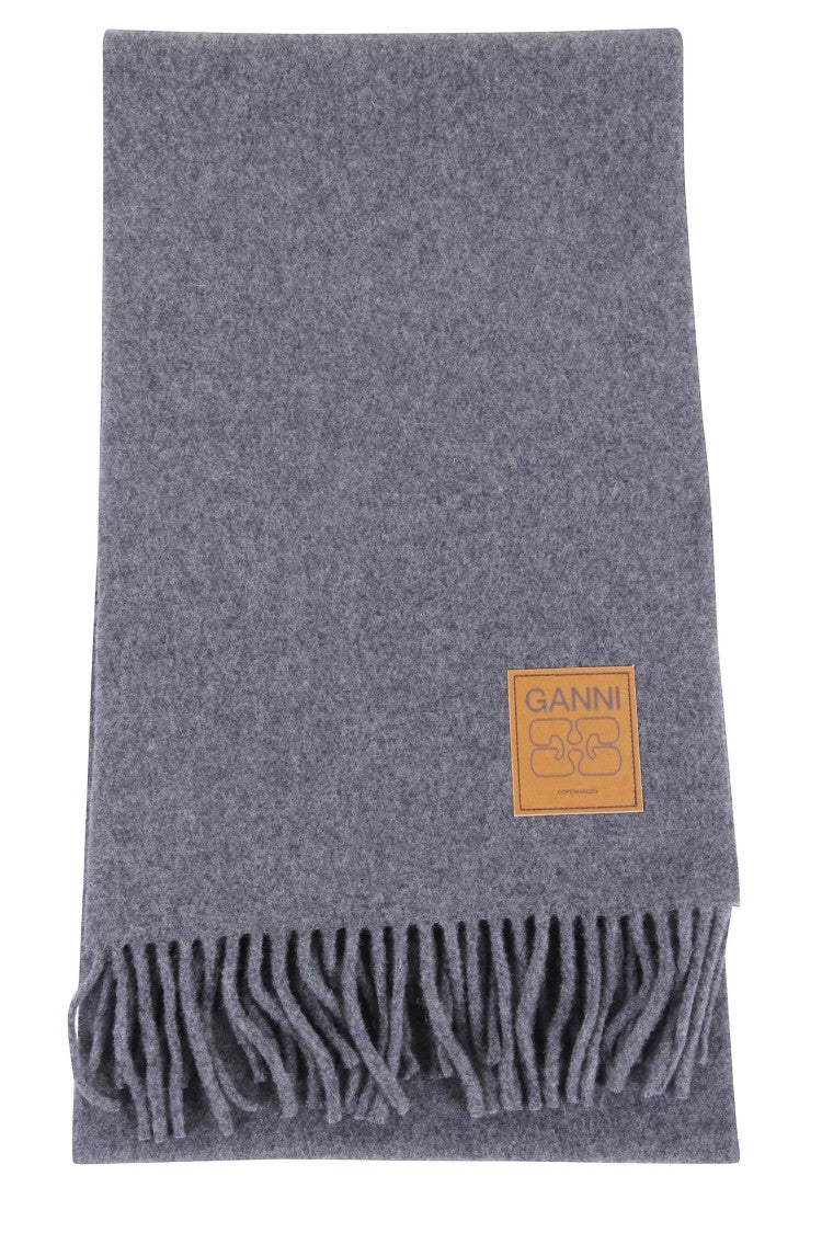 Ganni Fringed Wool Scarf With Logo Detail