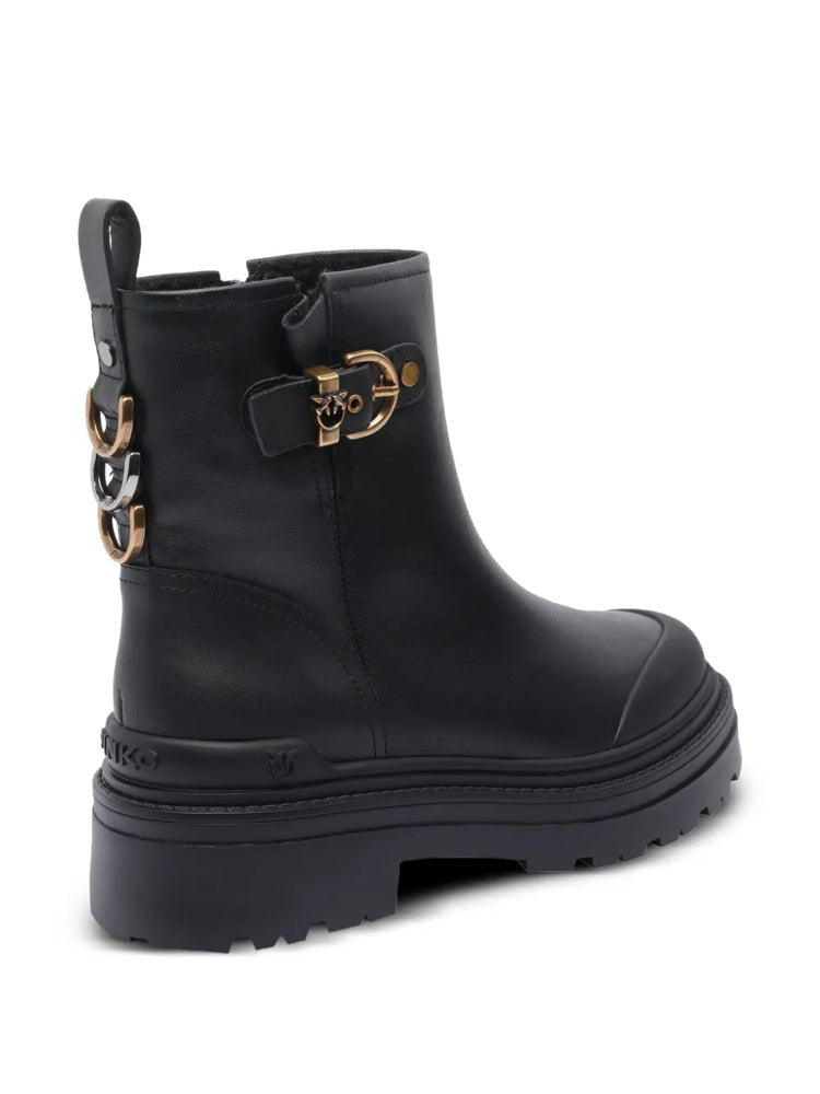 Pinko Black Mia 21 Decorative Strap Calf Leather Ankle Boots