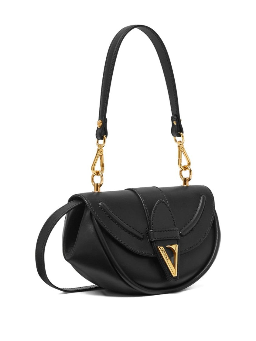 Versace Versace Virtus Small Semicircular Shoulder Bag In Black Calf Leather
