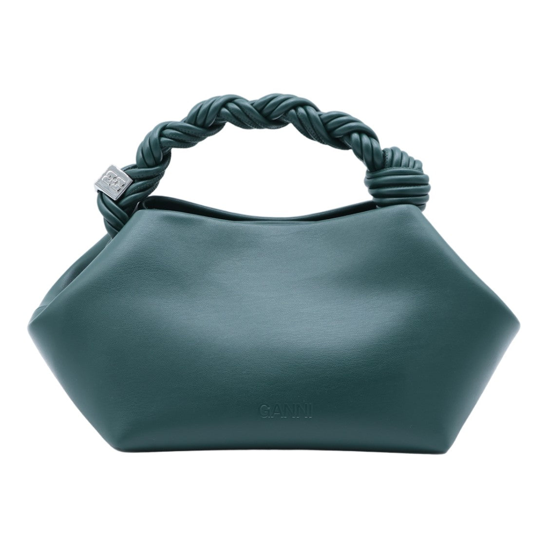 Ganni Sculptural Green Handbag With Twisted Handle And Geometric Silhouette