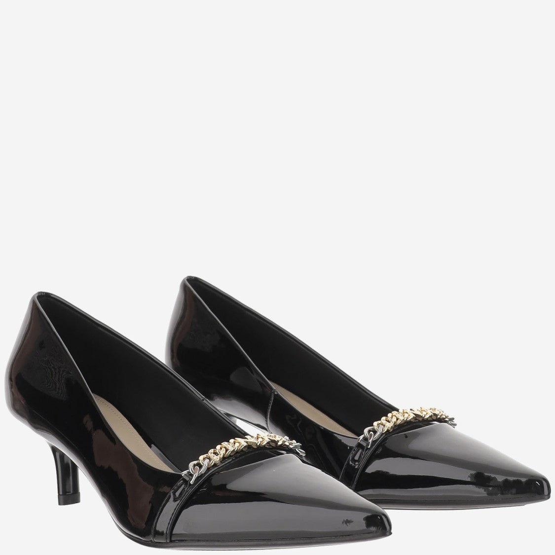 Pinko Glossy Leather Pump With Pointed Toe And Logo Chain Detail