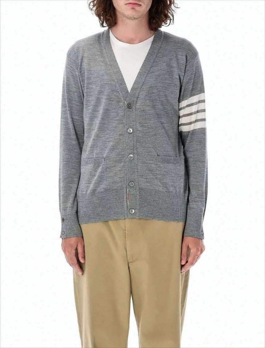 Thom Browne Medium Grey Wool Cardigan With Distinctive Stripe Detail