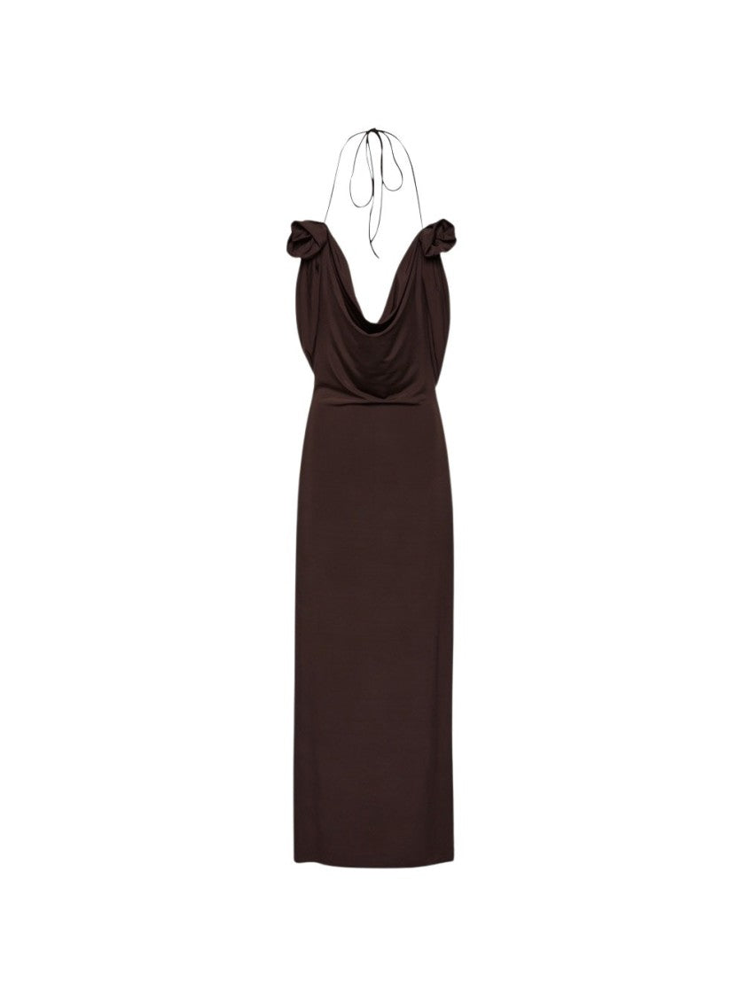 Magda Butrym Draped Cowl Neck Midi Dress Brown