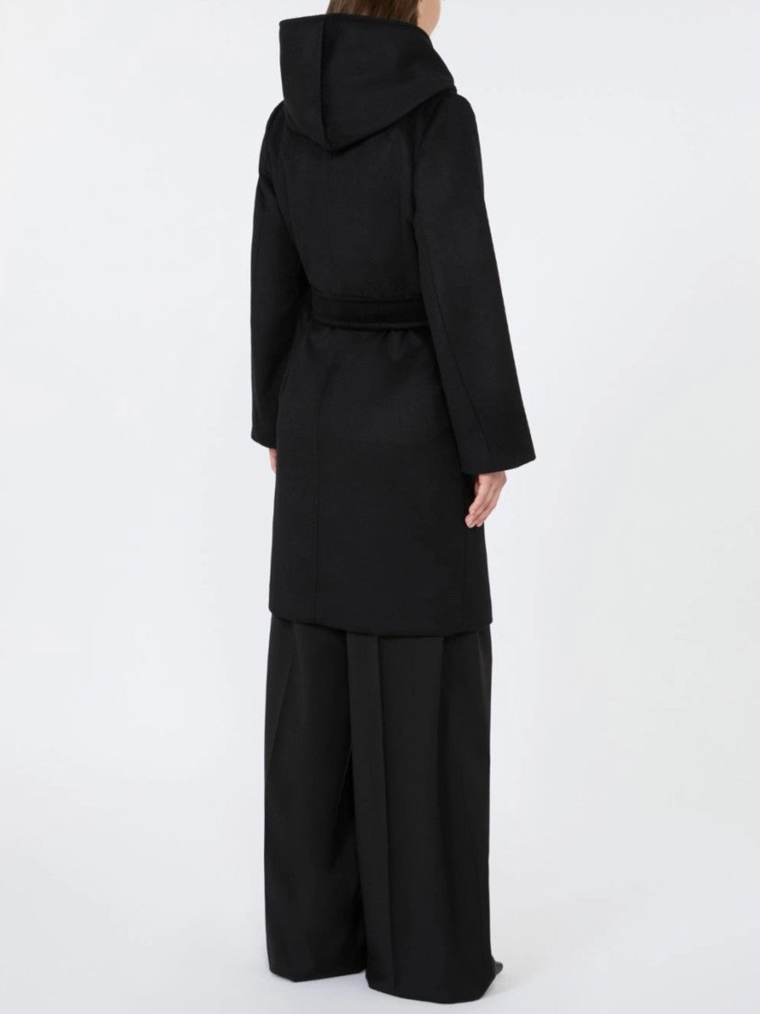 Max Mara Black Wool Wrap Coat With Self-Tie Detail