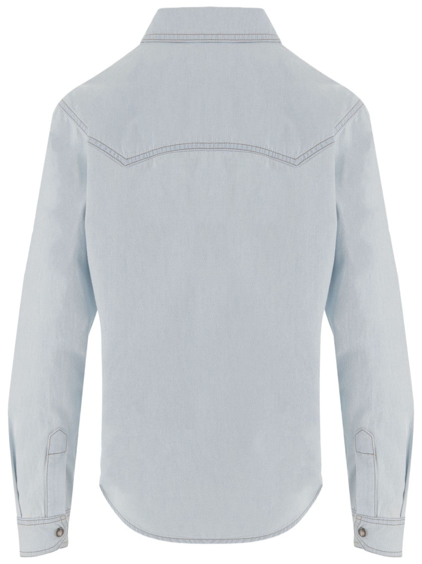Versace Chambray Denim Shirt With Pointed Collar And Snap Closure