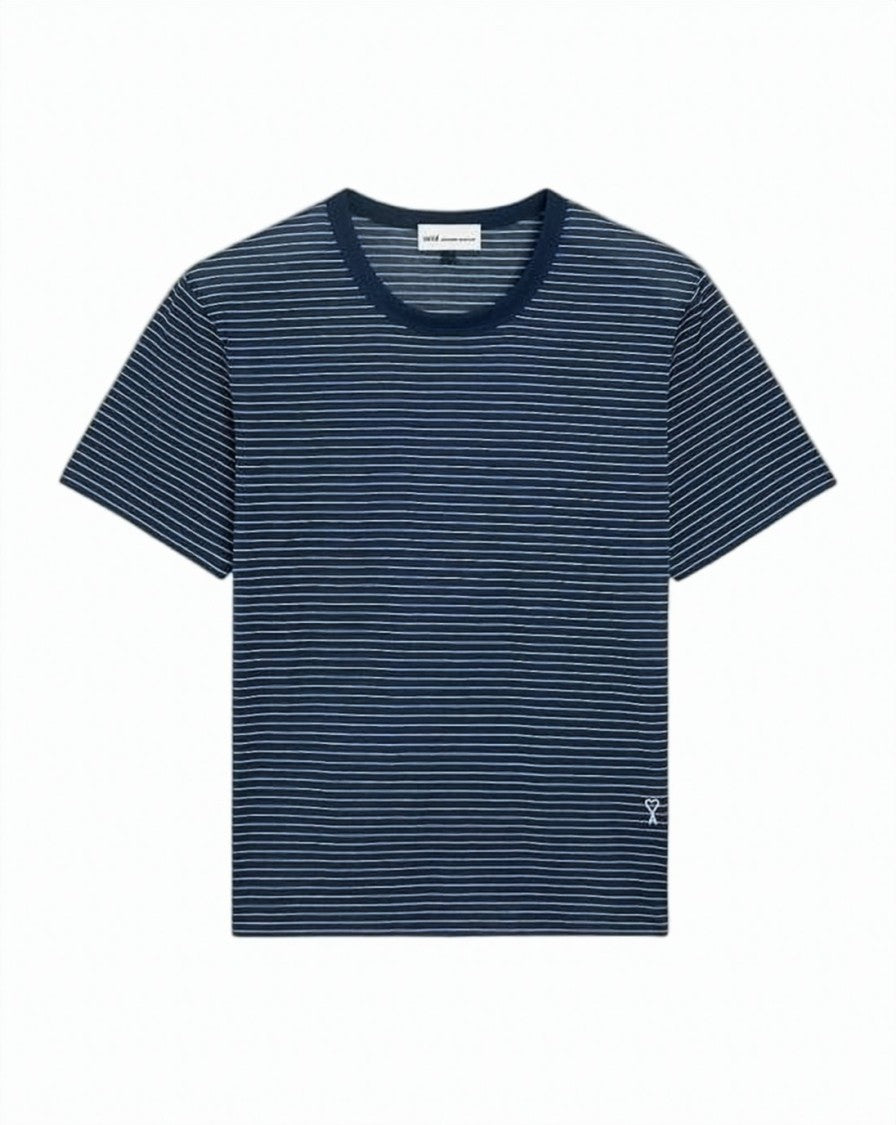 Ami Paris Navy Blue Cotton T-Shirt With Striped Design