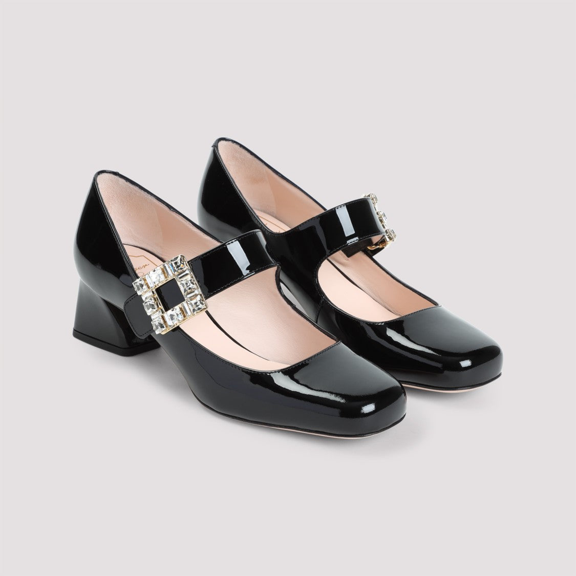 Roger Vivier Glossy Black Calfskin Block Heel Mary Jane Shoes