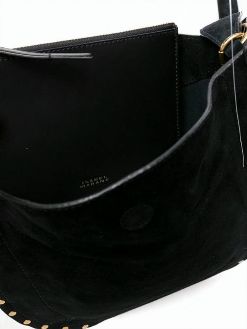 Isabel Marant Curved Black Suede Shoulder Bag With Gold-Tone Studs