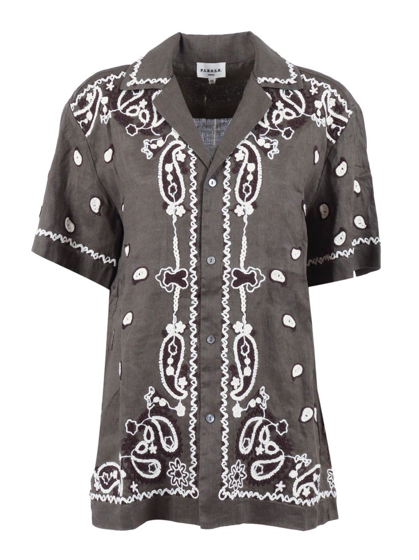 P.A.R.O.S.H. Brown Linen Short-Sleeved Shirt With Intricate Embroidery