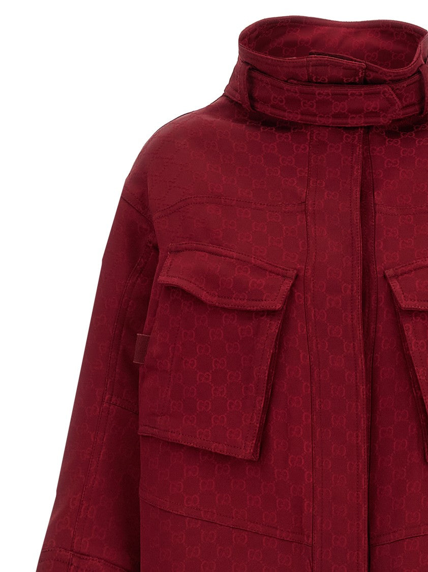 Gucci Long Oversized Gg Jacquard Coat With Drawstring Waist And High Neck