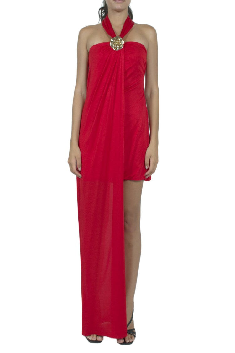 Blumarine Red Draped Asymmetric Jewelled Viscose Evening Dress