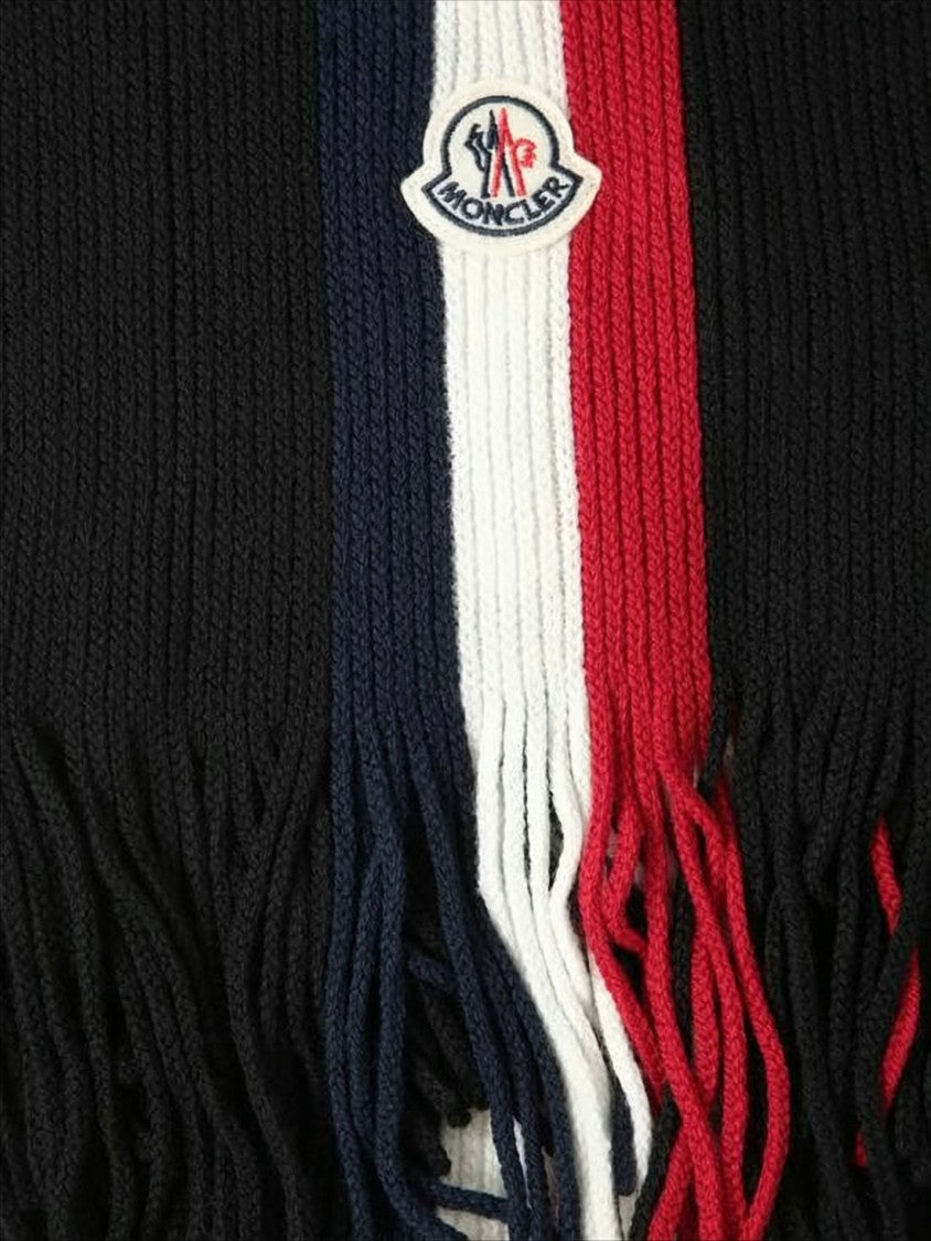Moncler Ribbed Knit Wool Scarf With Logo Patch