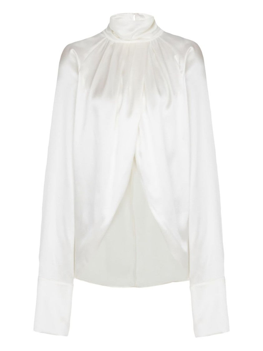 Balmain High-Neck White Top With Gathered Draped Front