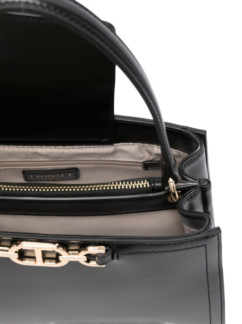 Twin-Set Structured Black Handbag With Gold-Tone Clasp