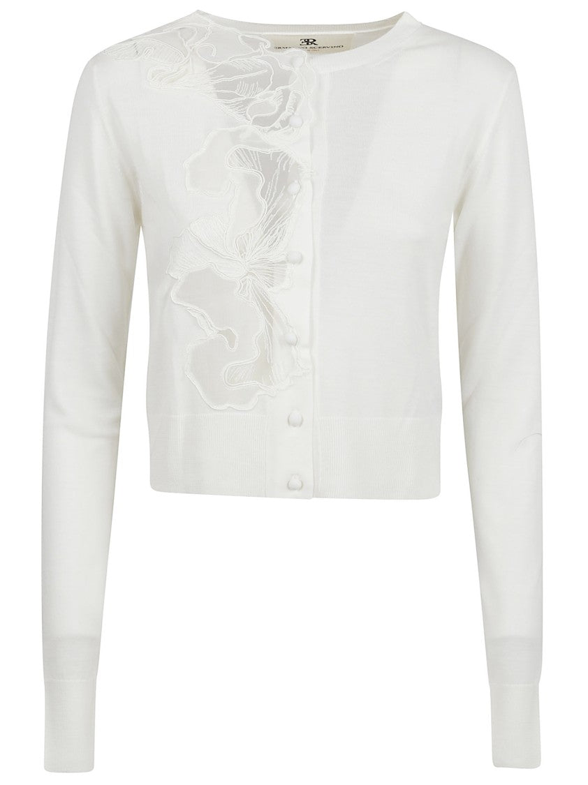 Ermanno Scervino Cropped White Sweater With Floral Lace Applique