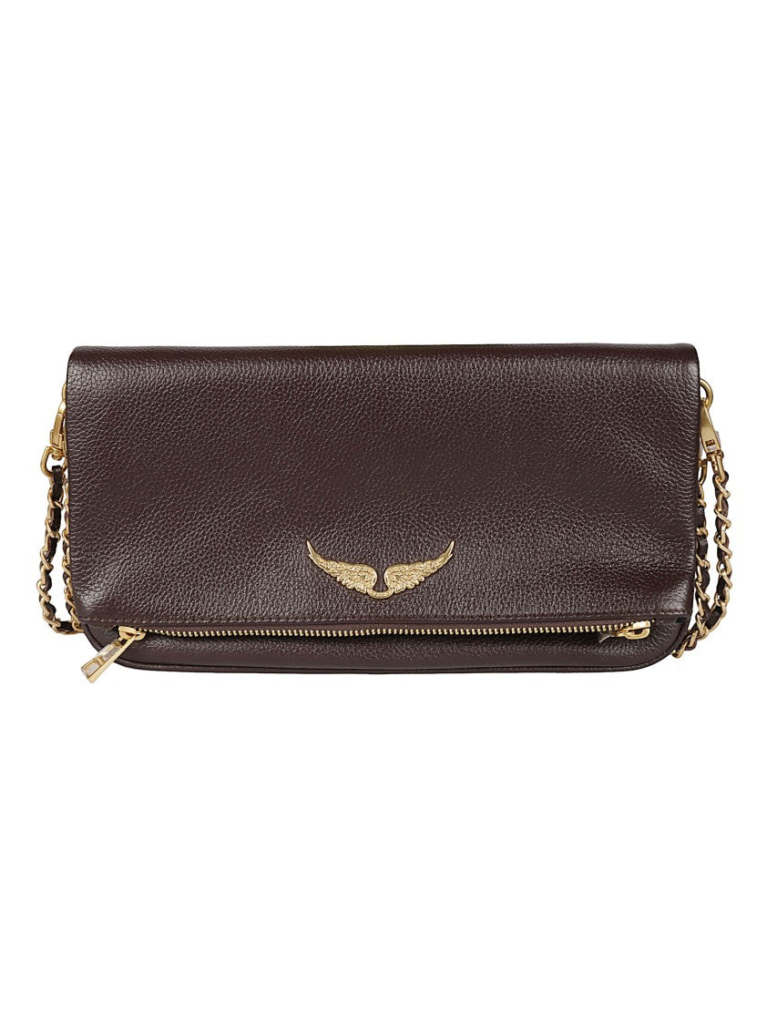 Zadig & Voltaire Rock Pebbled Leather Gold Wing Emblem Shoulder Bag