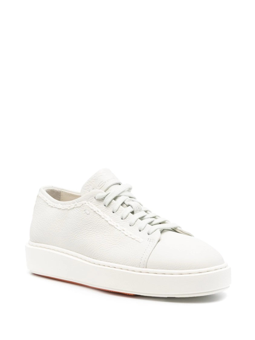 Santoni White Cow Leather Trainers With Textured Upper