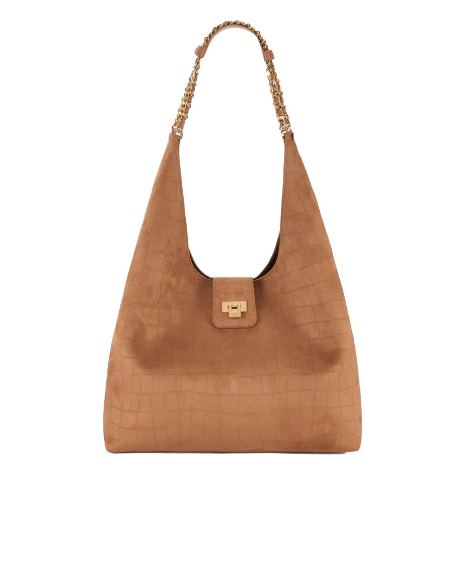 Elisabetta Franchi Brown Suede Hobo Bag With Crocodile Embossing And Chain Detail