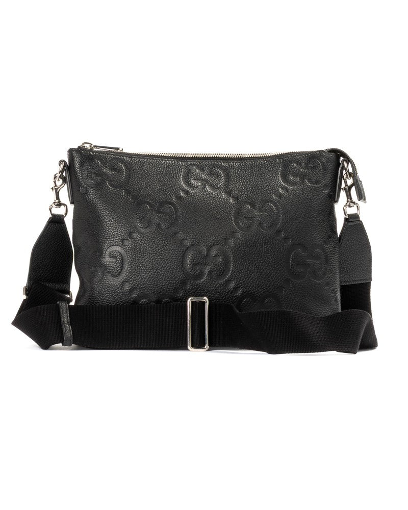 Gucci Black Gg Jumbo Embossed Small Leather Messenger Bag