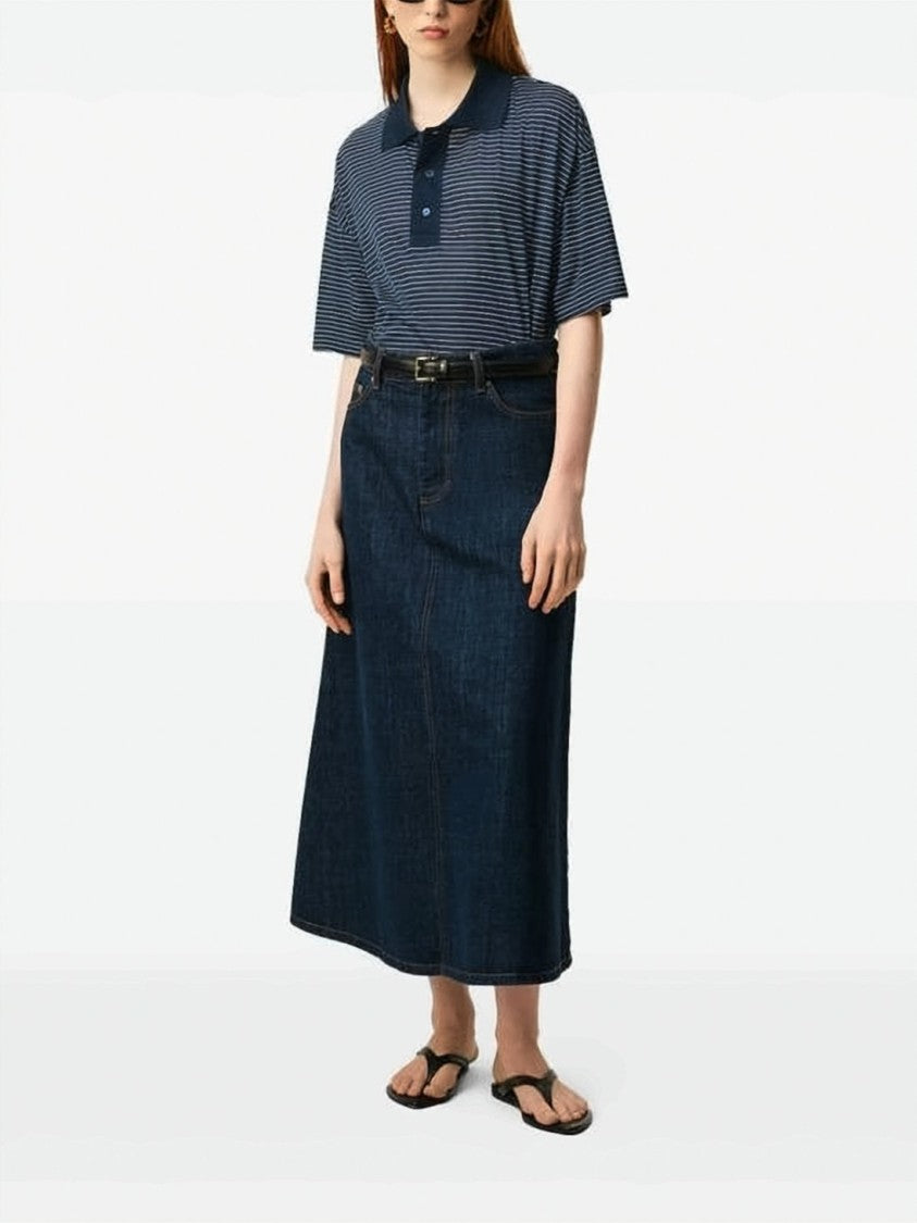 Ami Paris Cropped Navy Blue Striped Polo Shirt With Heart Logo