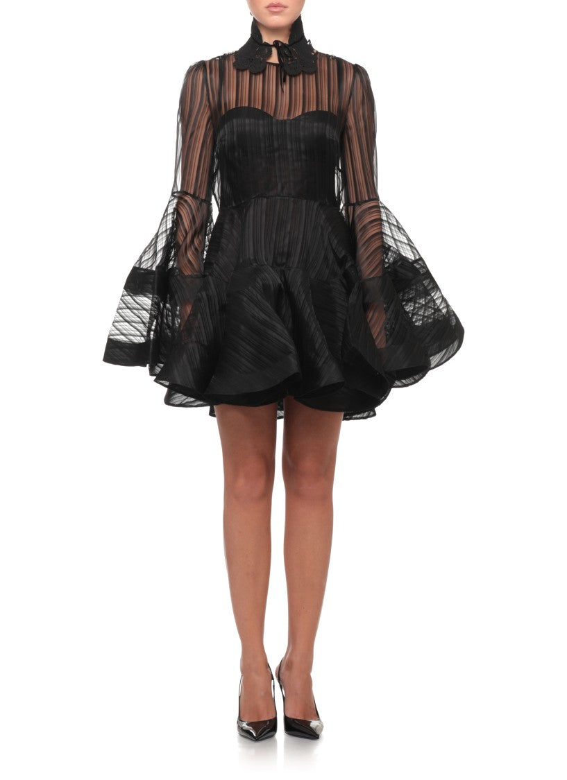 Zimmermann Silk Mini Dress With Flared Sleeves And Lace Collar