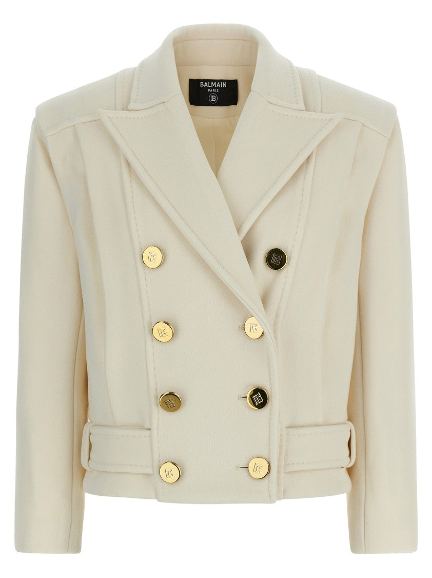 Balmain Double-Breasted Short Wool Blend Coat With Padded Shoulders And Belt Detail