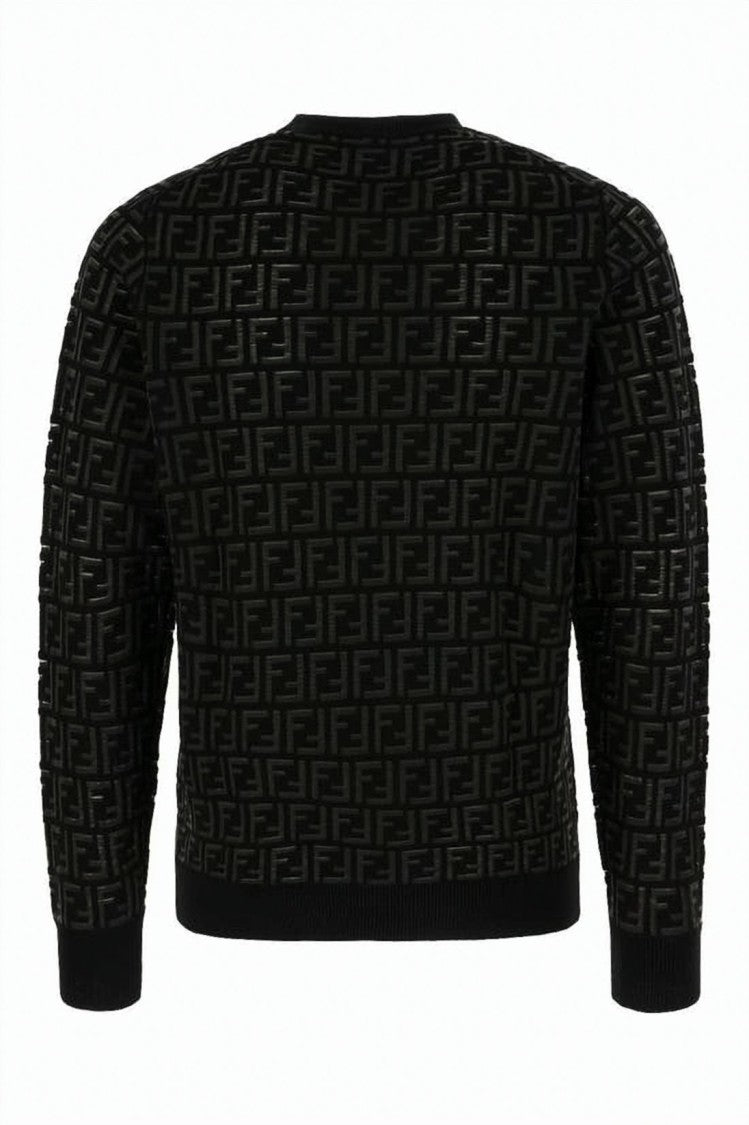 Fendi Textured Black Knit Sweater With Geometric Pattern