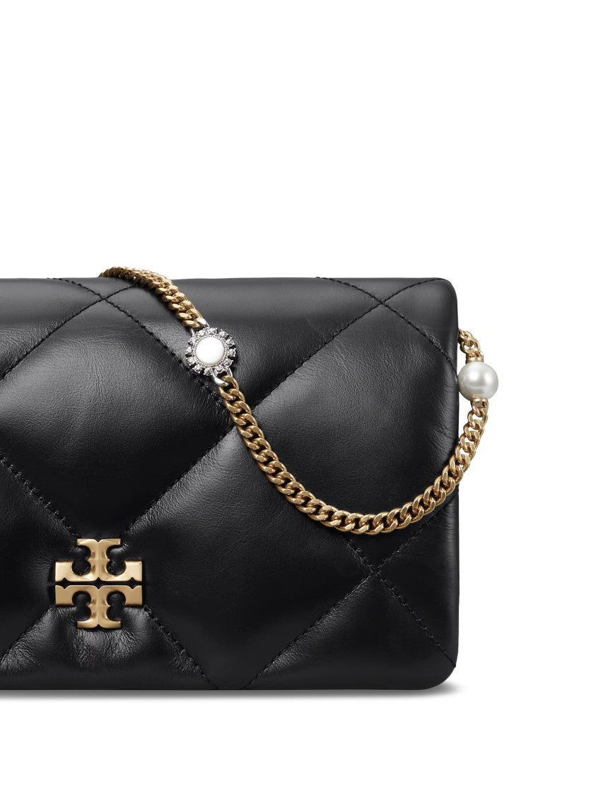 Tory Burch Quilted Black Leather Chain Wallet With Charm Accents