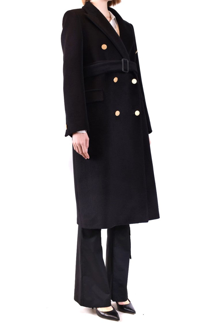 Tagliatore Double-Breasted Long Coat With Gold Buttons And Belted Waist