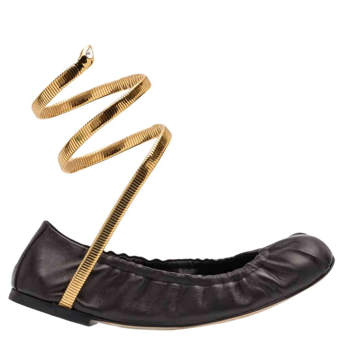 René Caovilla Ruched Black Flats With Gold-Tone Coiled Ankle Strap