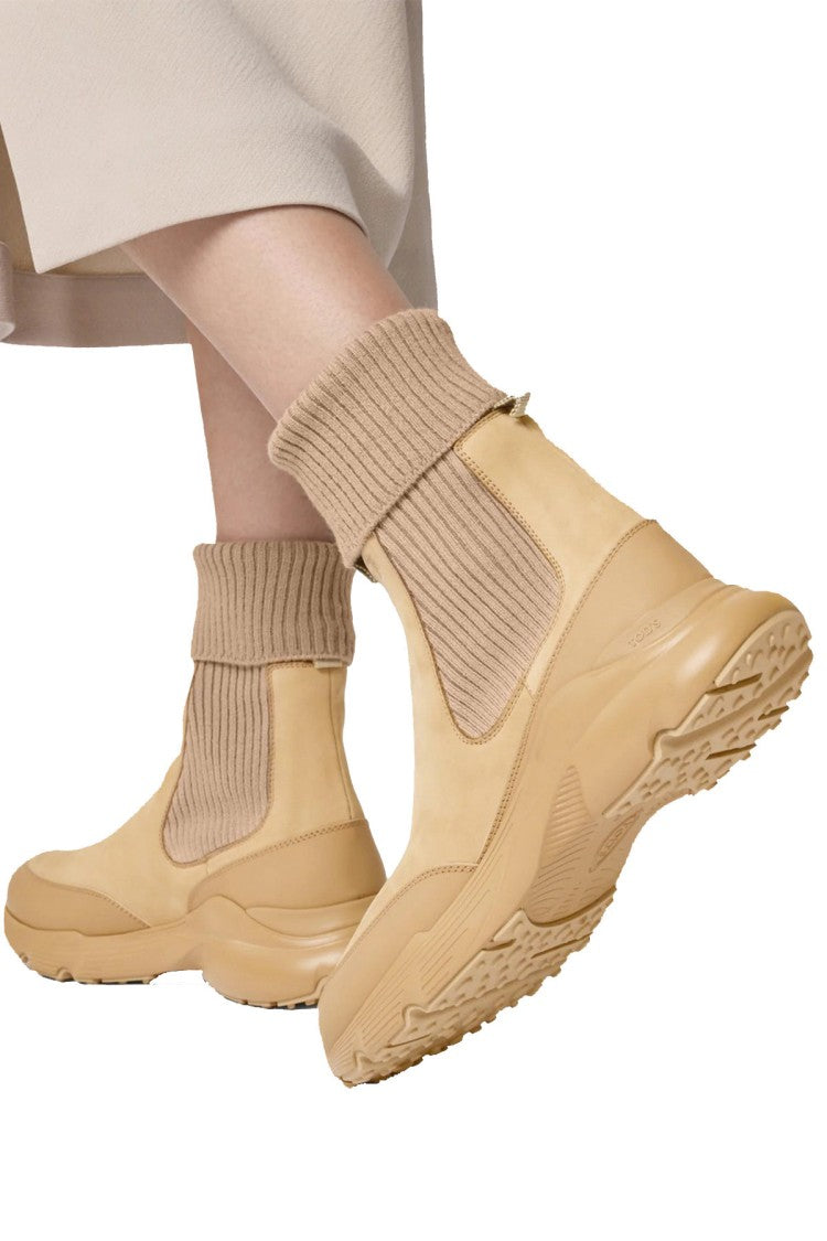 Tod's Beige Ribbed Sock Cuff Rubber-Leather Sneaker Boots