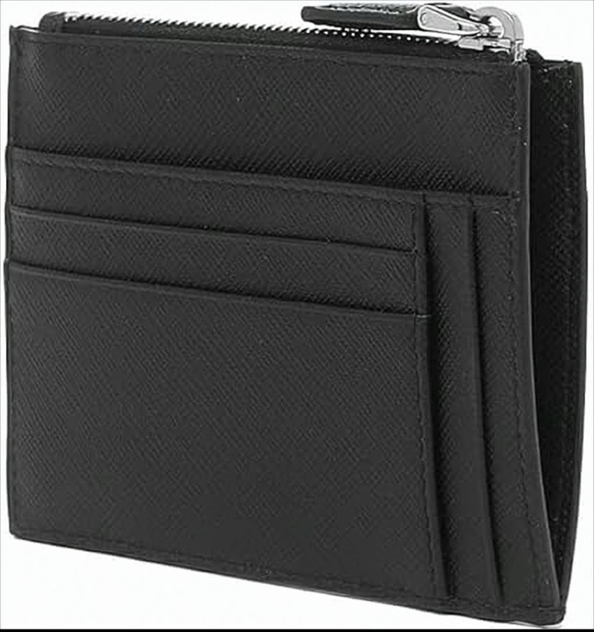 Prada Compact Black Card Wallet With Zippered Compartment