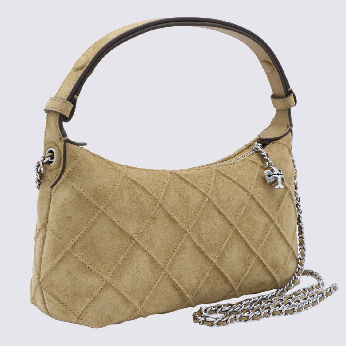Tory Burch Quilted Handbag With Suede Texture And Silver Accents