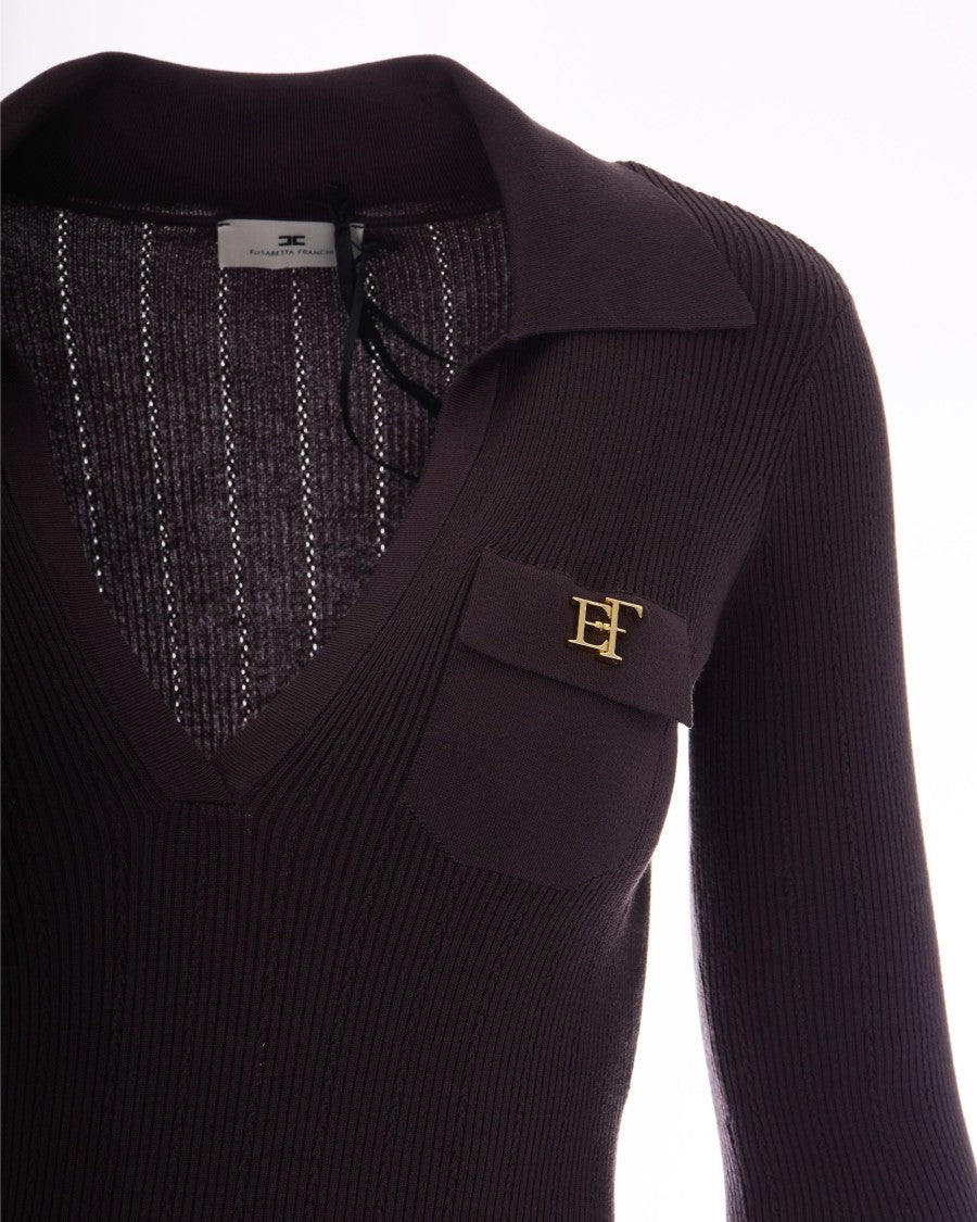 Elisabetta Franchi Long Knit Dress With Polo Collar And Embroidered Details