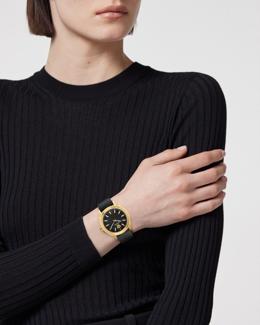 Versace Gold-Tone Stainless Steel Versace V-Code Watch With Black Dial